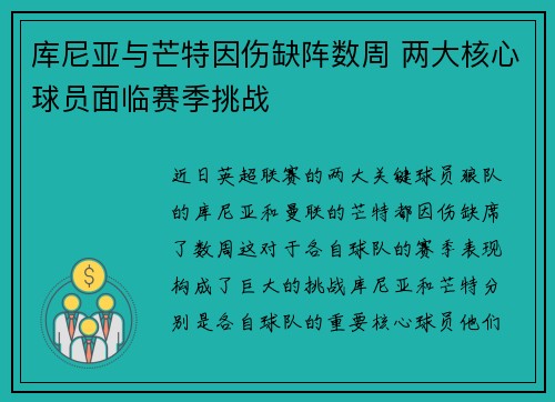 库尼亚与芒特因伤缺阵数周 两大核心球员面临赛季挑战